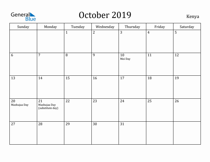 October 2019 Calendar Kenya