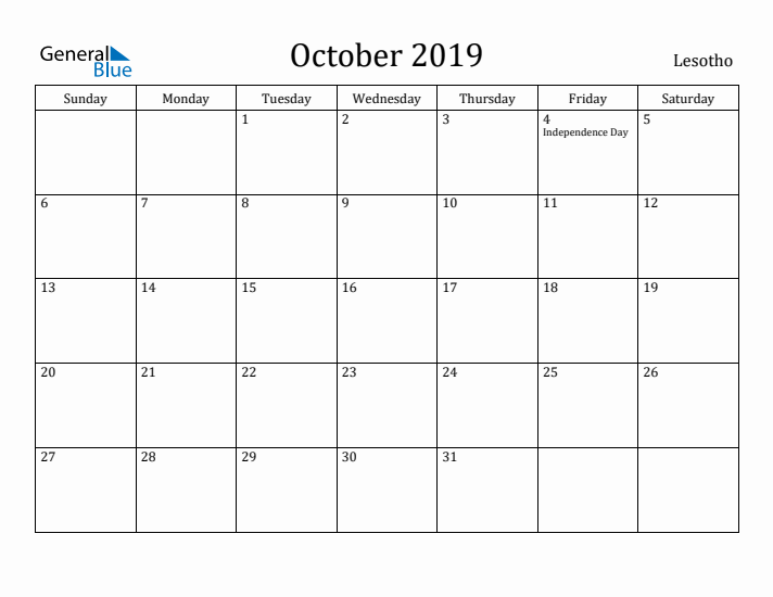 October 2019 Calendar Lesotho