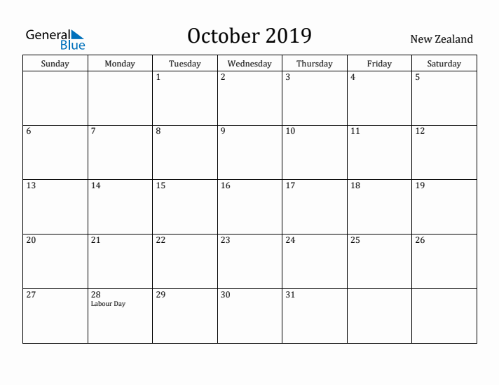 October 2019 Calendar New Zealand