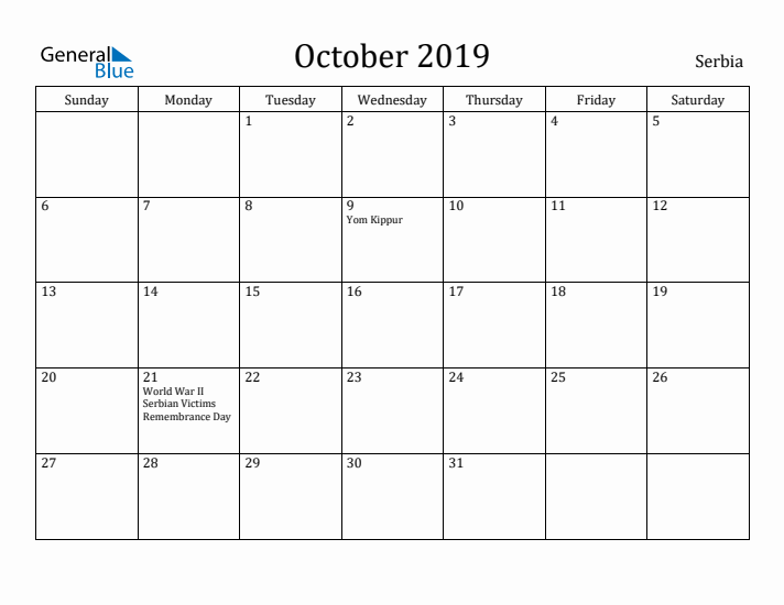 October 2019 Calendar Serbia