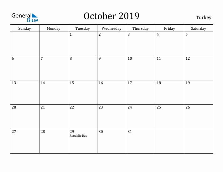 October 2019 Calendar Turkey