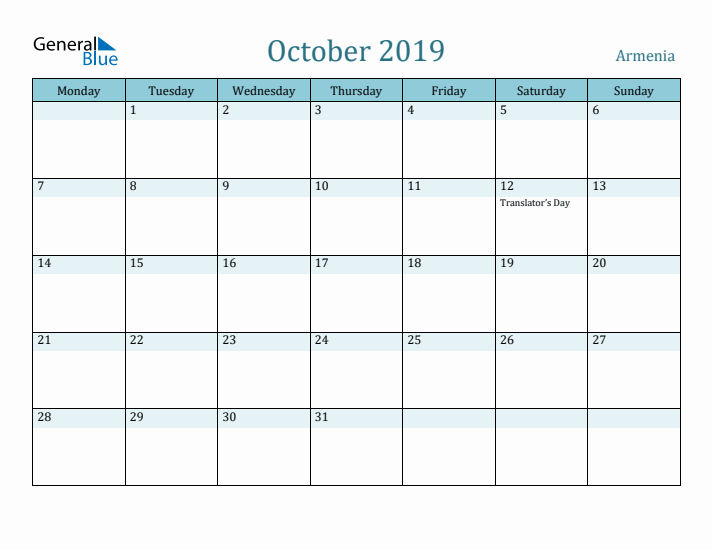 October 2019 Calendar with Holidays