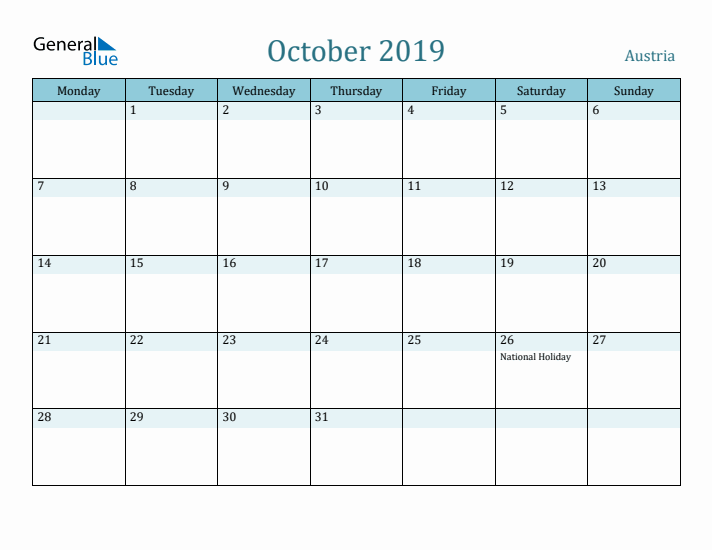 October 2019 Calendar with Holidays