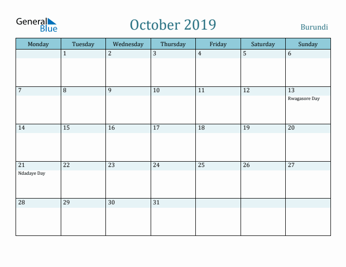 October 2019 Calendar with Holidays