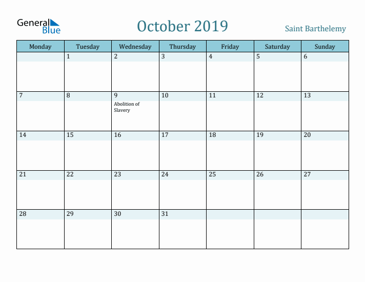 October 2019 Calendar with Holidays