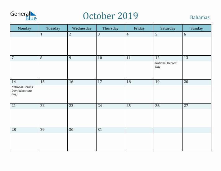 October 2019 Calendar with Holidays