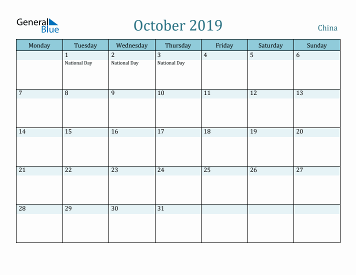 October 2019 Calendar with Holidays