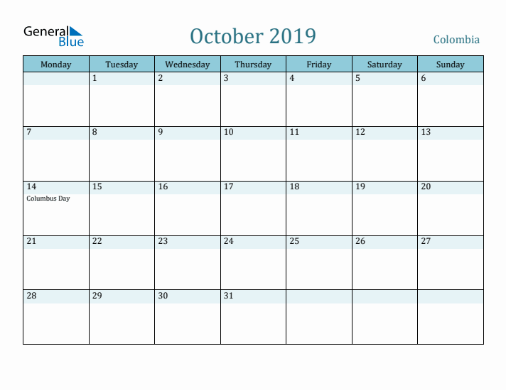 October 2019 Calendar with Holidays