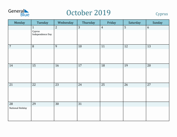 October 2019 Calendar with Holidays