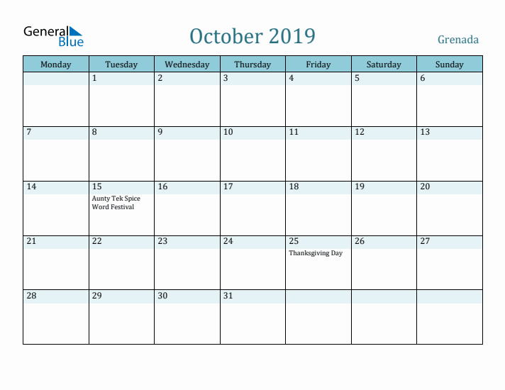 October 2019 Calendar with Holidays