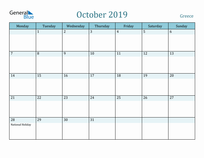 October 2019 Calendar with Holidays