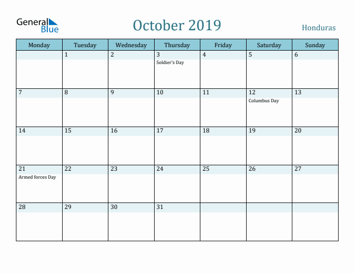 October 2019 Calendar with Holidays