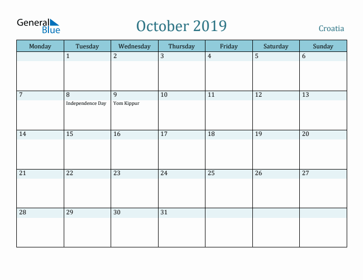 October 2019 Calendar with Holidays