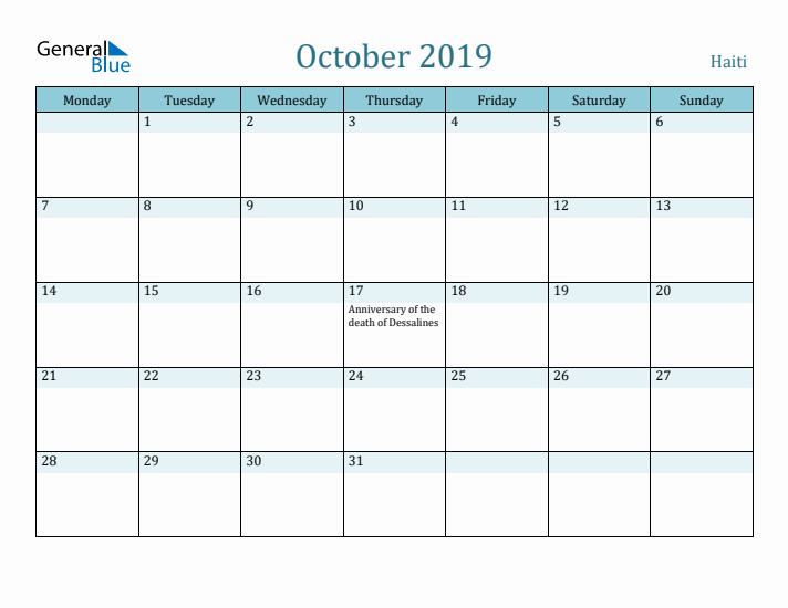 October 2019 Calendar with Holidays