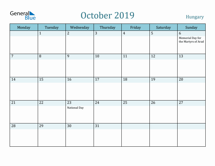 October 2019 Calendar with Holidays