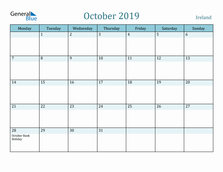 October 2019 Calendar with Holidays