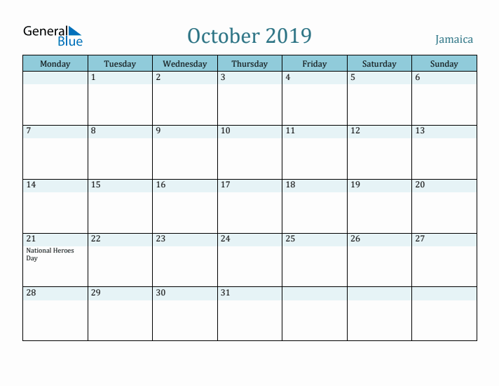 October 2019 Calendar with Holidays