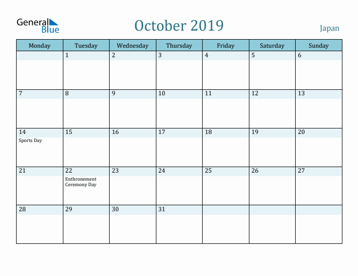 October 2019 Calendar with Holidays