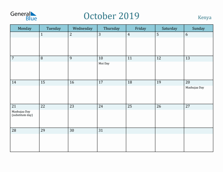 October 2019 Calendar with Holidays