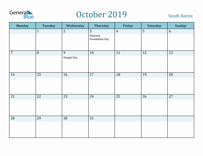 October 2019 Calendar with Holidays