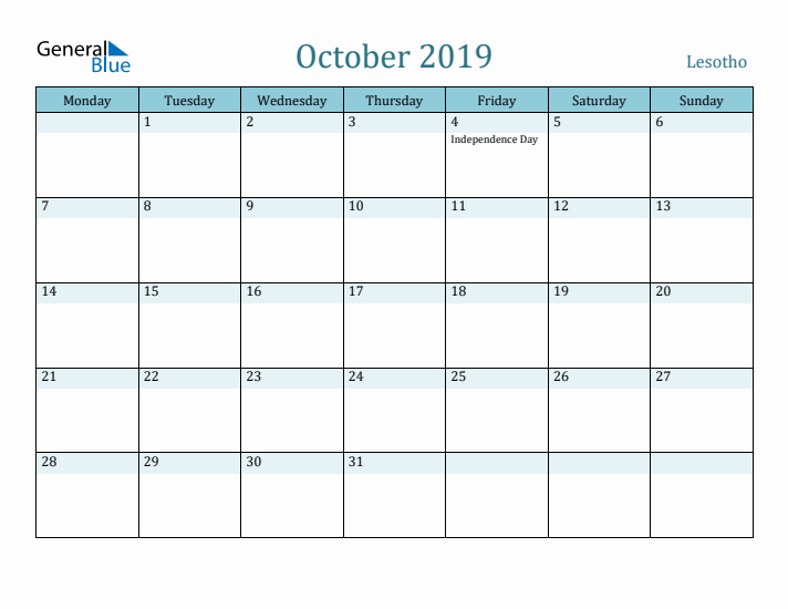 October 2019 Calendar with Holidays