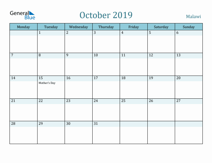 October 2019 Calendar with Holidays