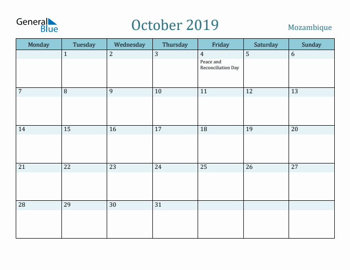 October 2019 Calendar with Holidays