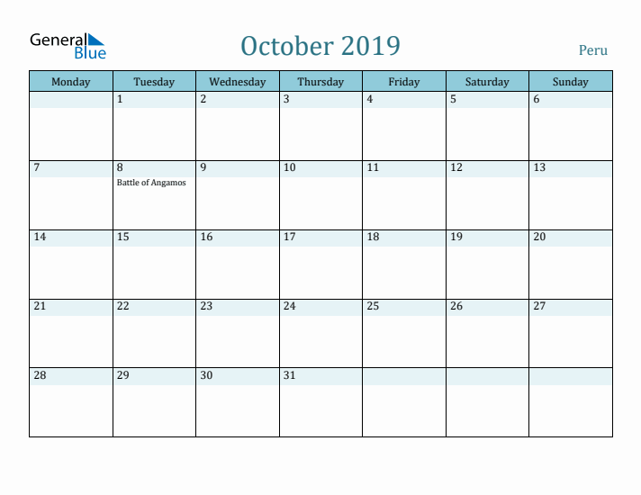 October 2019 Calendar with Holidays