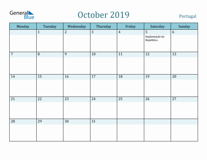 October 2019 Calendar with Holidays