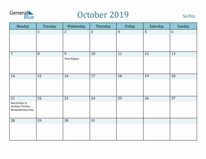 October 2019 Calendar with Holidays