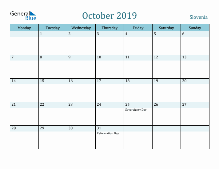 October 2019 Calendar with Holidays