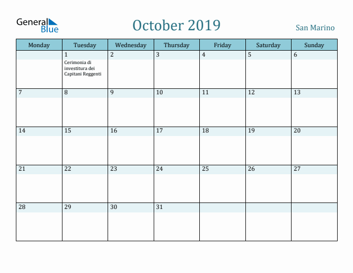 October 2019 Calendar with Holidays