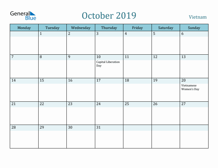 October 2019 Calendar with Holidays