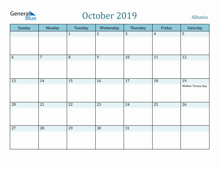 October 2019 Calendar with Holidays