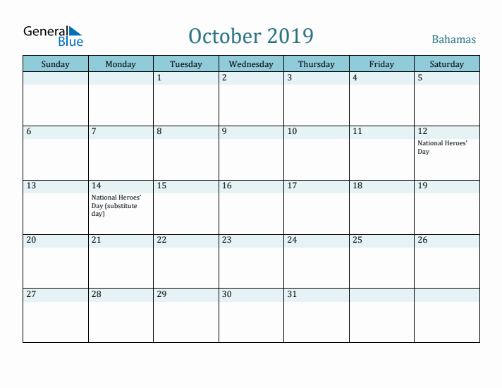 October 2019 Calendar with Holidays