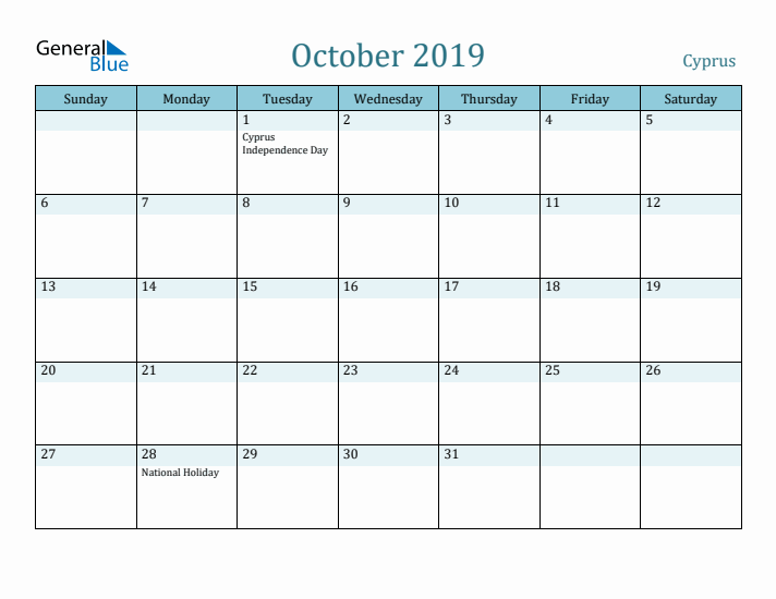 October 2019 Calendar with Holidays