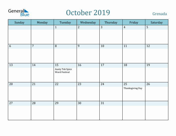 October 2019 Calendar with Holidays