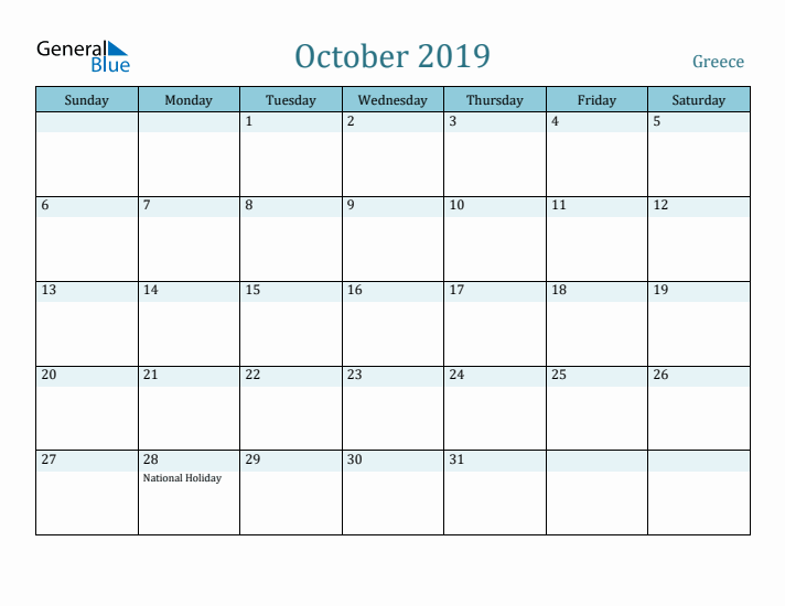 October 2019 Calendar with Holidays