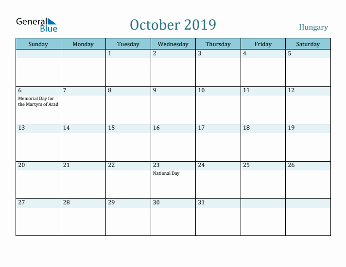 October 2019 Calendar with Holidays