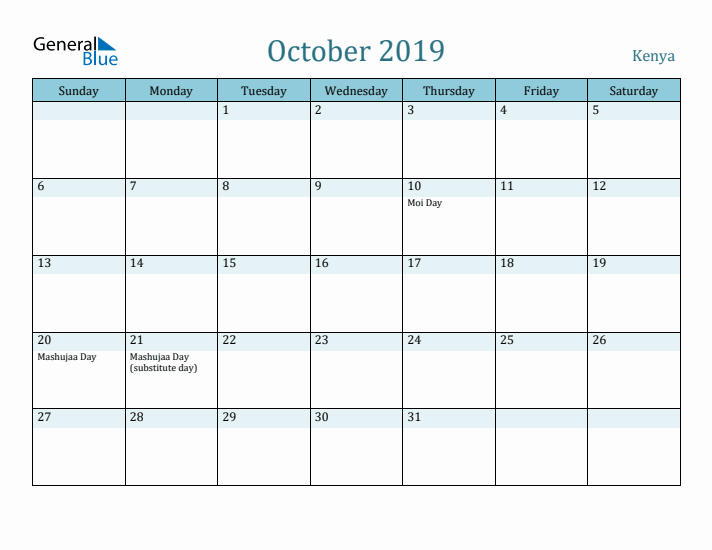 October 2019 Calendar with Holidays