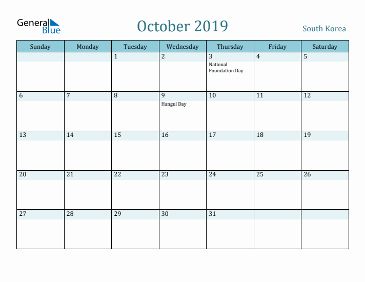 October 2019 Calendar with Holidays