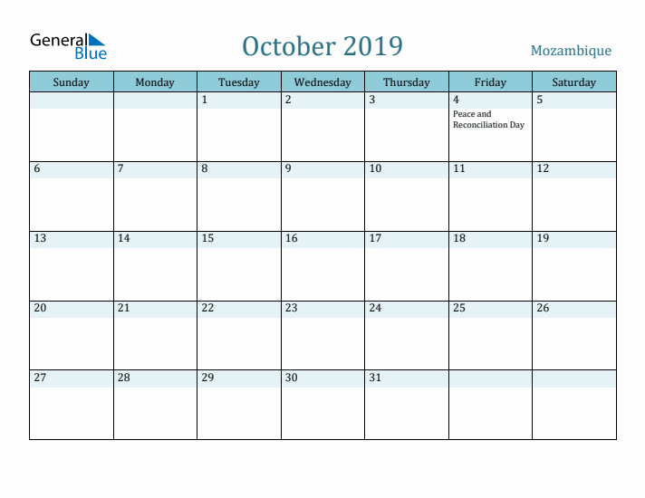 October 2019 Calendar with Holidays