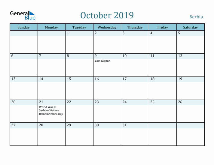 October 2019 Calendar with Holidays