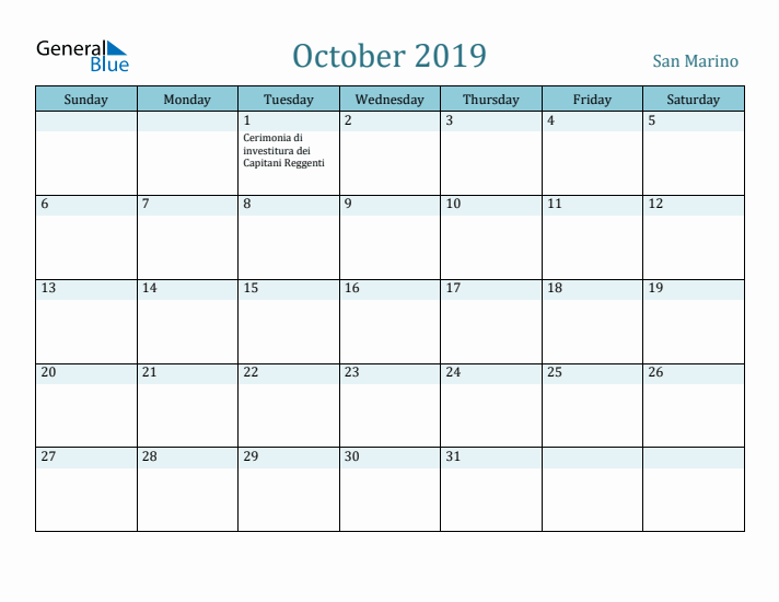 October 2019 Calendar with Holidays