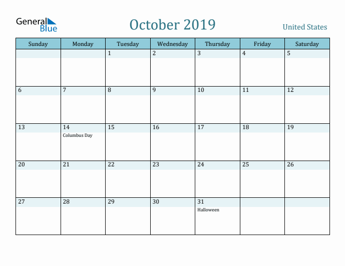 October 2019 Calendar with Holidays