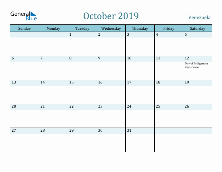 October 2019 Calendar with Holidays