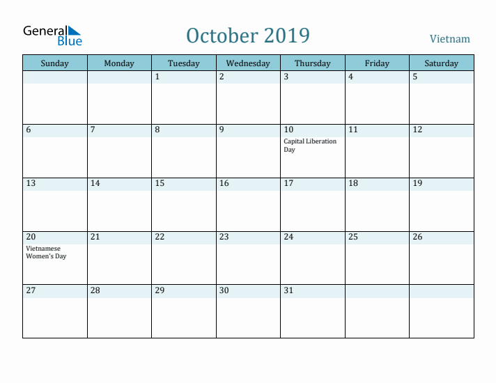 October 2019 Calendar with Holidays