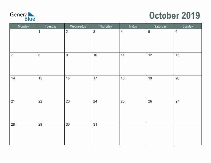 Free Printable October 2019 Calendar