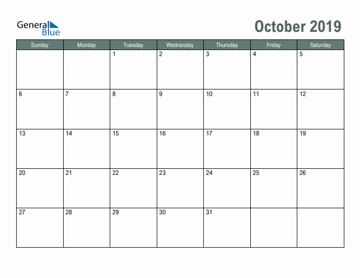 Free Printable October 2019 Calendar