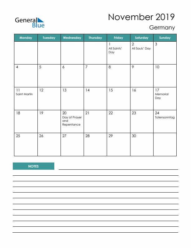 Calendar with Notes Printable - Monday Start